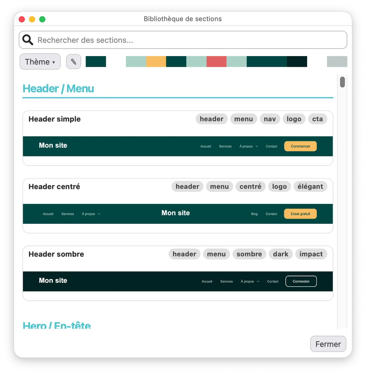 Fenêtre Bibliothèque de sections de WebAcappella Fusion SP4 : barre de recherche, filtres par thème et palette de couleurs, sections groupées par catégorie (Header / Menu, Hero / En-tête) avec aperçu visuel et tags