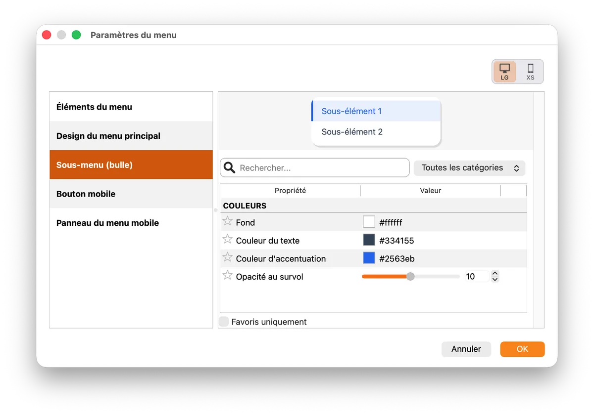 Fenêtre Paramètres du menu dans WebAcappella Fusion SP4 : onglets Éléments du menu, Design du menu principal, Sous-menu (bulle), Bouton mobile et Panneau du menu mobile regroupés au même endroit