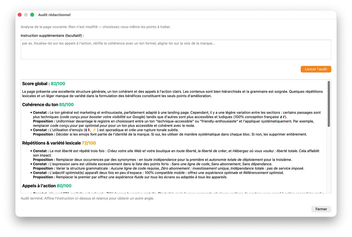 Fenêtre d'audit rédactionnel de WebAcappella Fusion affichant un score global de 82/100 et des analyses détaillées par axe (cohérence du ton, répétitions, appels à l'action)