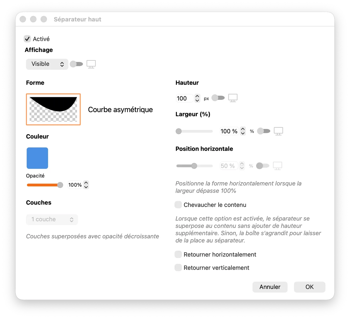 Panneau Séparateur haut dans WebAcappella Fusion SP4 : choix de la forme (Courbe asymétrique), hauteur, largeur, position horizontale et couches de dégradé