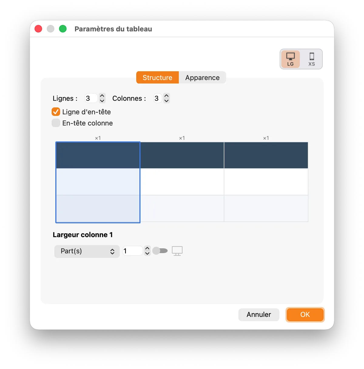 Fenêtre Paramètres du tableau dans WebAcappella Fusion SP4 : onglets Structure et Apparence, nombre de lignes et colonnes, ligne d'en-tête, aperçu de la grille et réglages de largeur par colonne