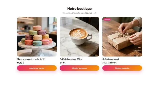Tempo Shop Block: three products with photos, prices, crossed-out promotional prices, and an “Add to Cart” button
