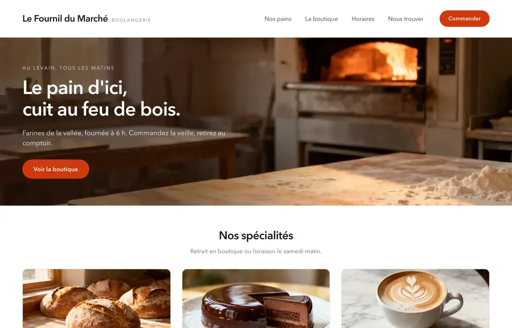 Example of a homepage for a bakery: menu, photo of the wood-fired oven, tagline, button to the shop, and house specialties