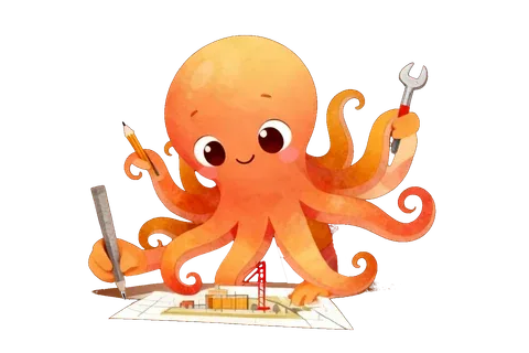 Octave, Tempo’s octopus, hard at work with a pencil, a ruler, and a wrench on a website mockup