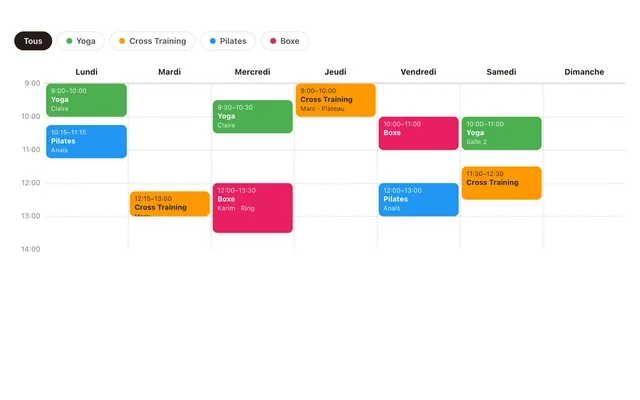 Tempo Schedule Block: yoga, cross-training, Pilates, and boxing classes scheduled throughout the week, with filter buttons by activity